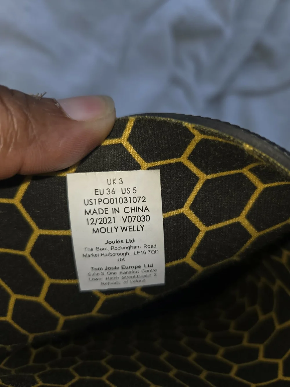 Joules Black and Yellow Honeycomb Rain Boot Lining